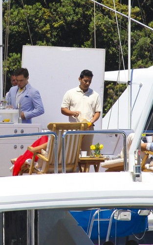  Blake Lively, Chace Crawford and Ed Westwick filming Gossip Girl in a yacht in Long Beach, CA (Augus