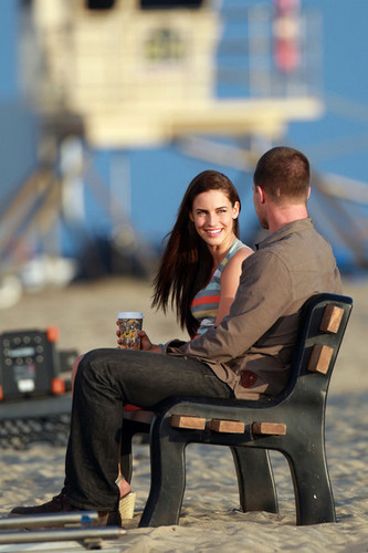Jessica Lowndes films a romantic beach scene on the set of "90210" in Los Angeles